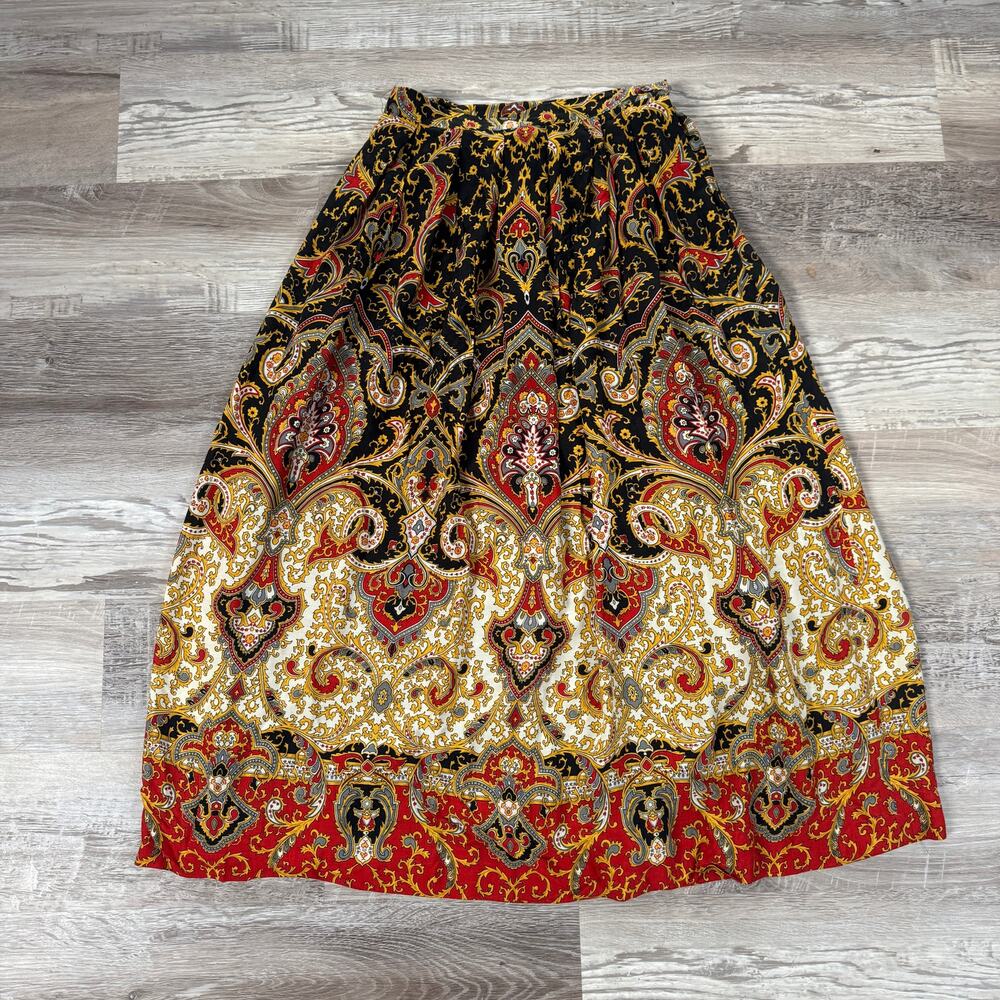 Vintage 90s Paisley Pleated Midi Skirt Cotton Baroque Dark Academia Fall USA 4
